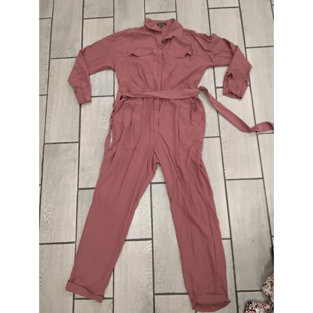 Trixxi Womens Mauve Long‎ Sleeve Utility Jumpsuit Button Front Belted XL